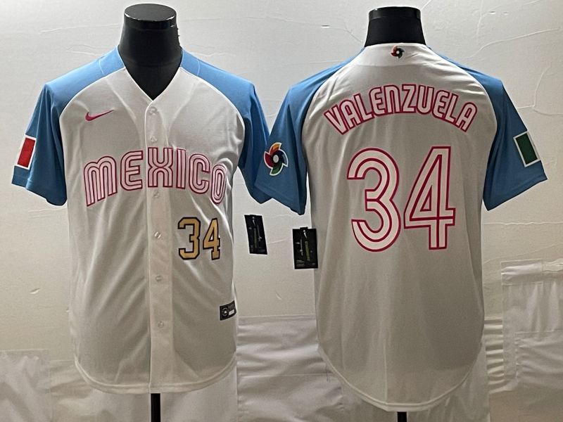 Men 2023 World Cub Mexico #34 Valenzuela White blue Nike MLB Jersey3